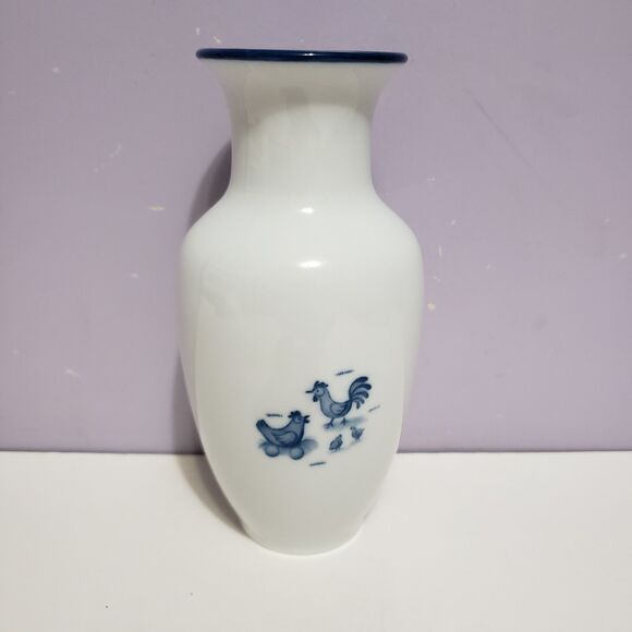 Vase White Blue Chickens  Farmhouse Country Home Decor  6" - Picture 3 of 6